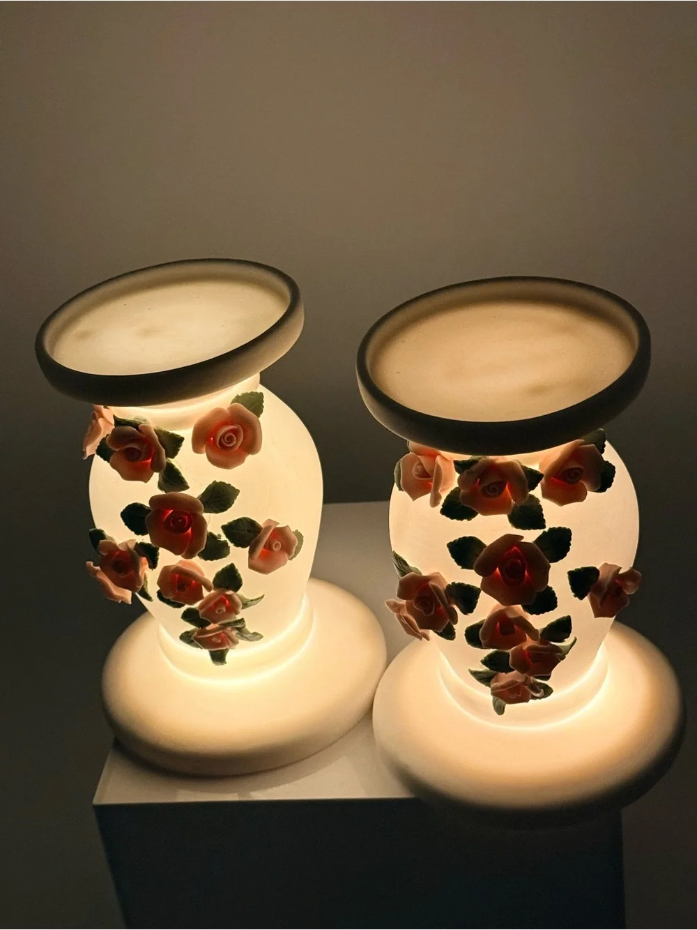 Pink Rose Ceramic Candle Holders — Pair
